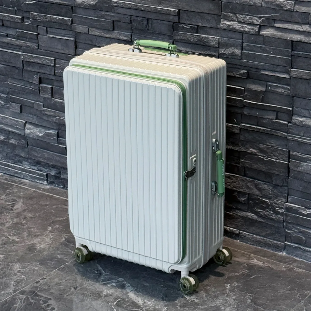 ensemble de valise à ouverture frontale avec roulettes en gel, poignée télescopique, couche extensible de 5 cm, poignée en cuir, support pour téléphone, porte-gobelet pliable, crochet latéral, serrure douanière, idéale pour les vacances à la mer et les voyages longue distance.