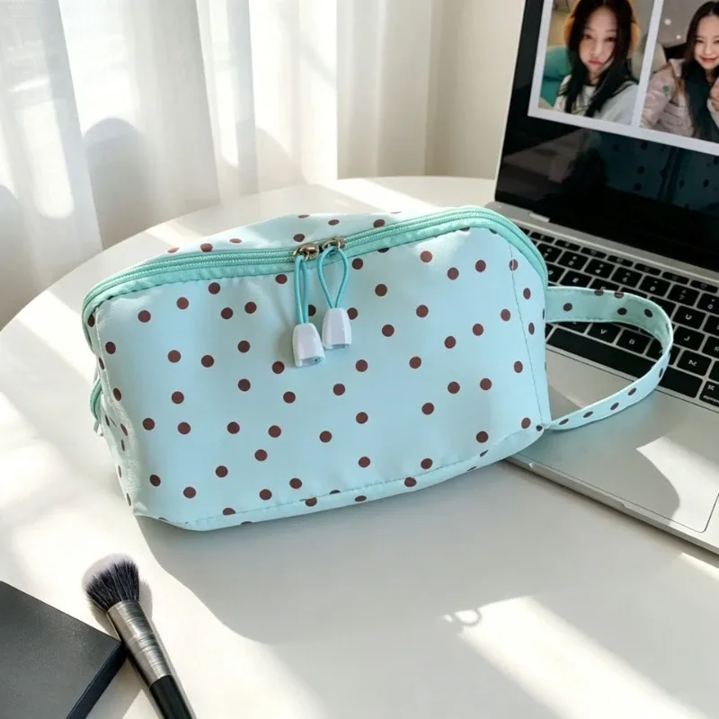 nouvelle trousse de maquillage coréenne à pois, grande capacité, sac à main portable pour femmes, organiseur de cosmétiques de voyage, sac de rangement, trousse de toilette
