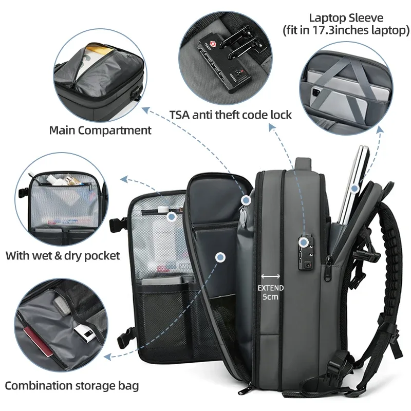 sac à dos de voyage pour hommes, sac à dos à compression sous vide pour ordinateur portable 17 pouces, sac à dos d'affaires de grande capacité, sac à dos de camping extensible, sac à dos de randonnée