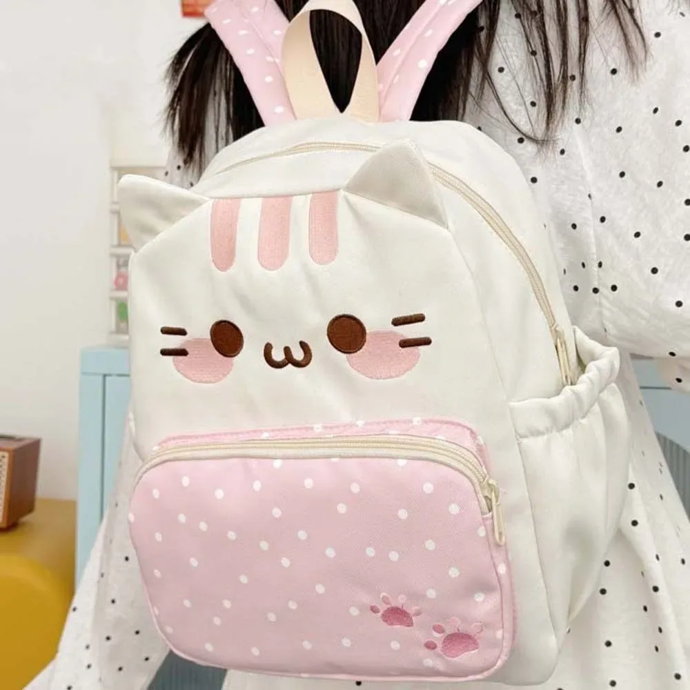 sac à dos pour chat de style japonais, grande capacité, design avec oreilles 3d, sac à dos kawaii léger, bretelles réglables, sac à dos à pois.