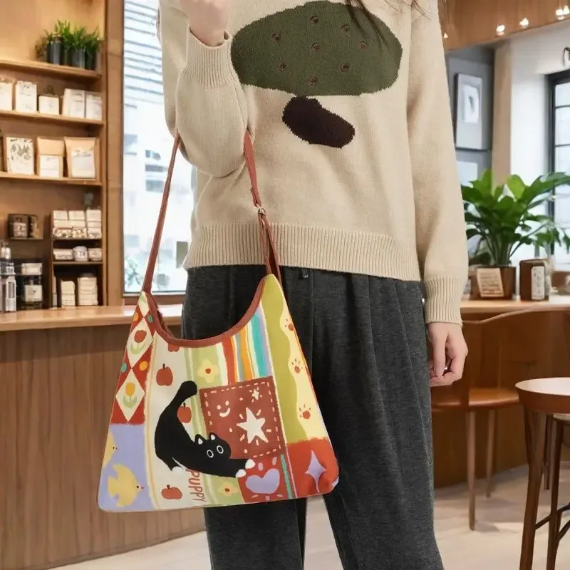 nouveau collage créatif super mignon sac à bandoulière simple adorable chat fermeture éclair paresseux voile sac en tissu culturel créatif cadeau sac à bandoulière
