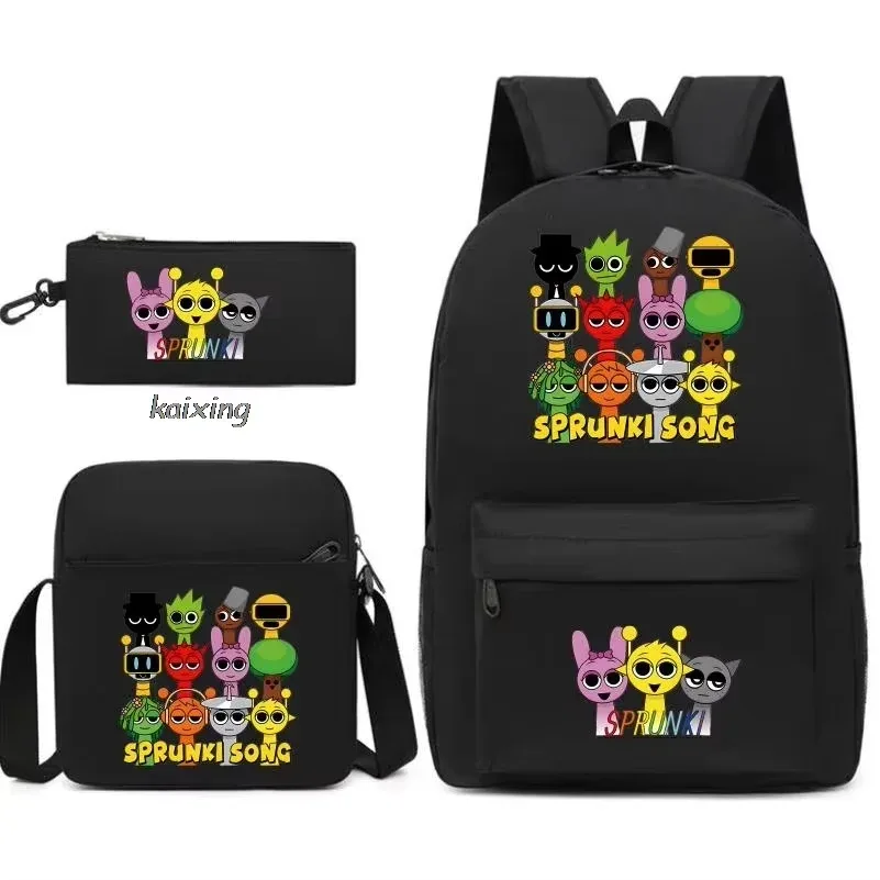 ensemble de 3 sacs à dos sprunki à imprimé anime, avec sac fourre-tout et pochette, grande capacité, léger et respirant, sac à dos décontracté tendance