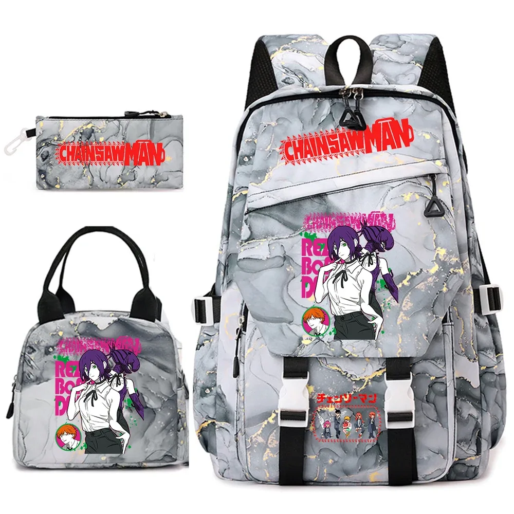 ensemble de sacs à dos pour étudiantes avec imprimé chainsaw man anime, pour filles, avec sac à lunch et trousse à crayons, pour une utilisation quotidienne à l'école