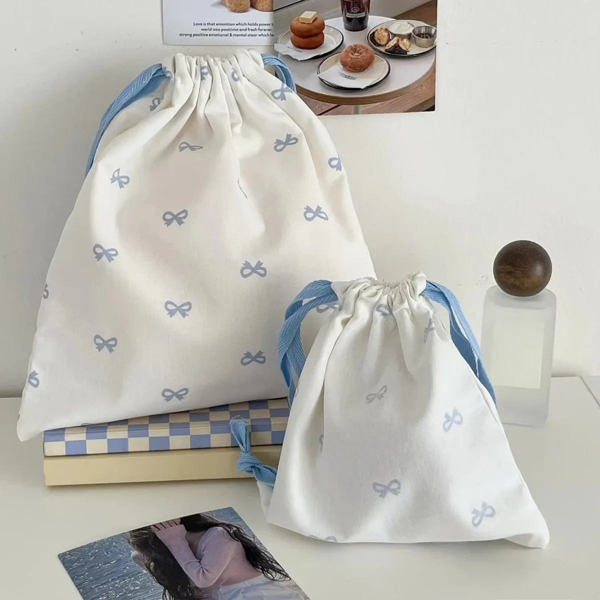 sac de rangement coréen à cordon imprimé avec nœud mignon, sac à cosmétiques portable pour filles, organisateur de maquillage de voyage pour femmes, pochette à main