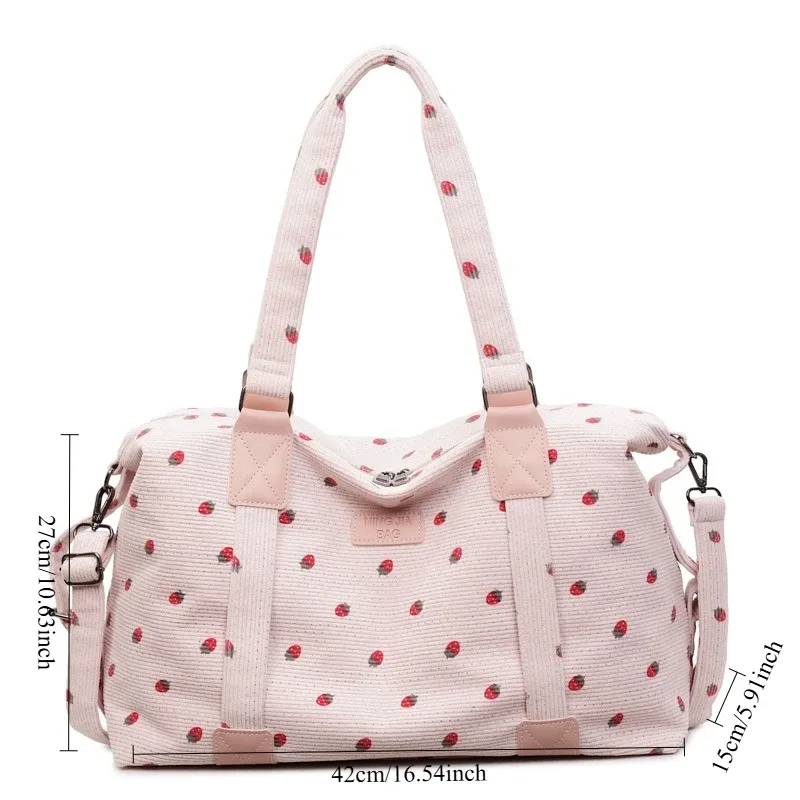 sac fourre-tout de voyage en velours côtelé grande capacité, sac à main de voyage motif fraise avec compartiment à chaussures, sac de sport et de fitness pour femme, livraison directe