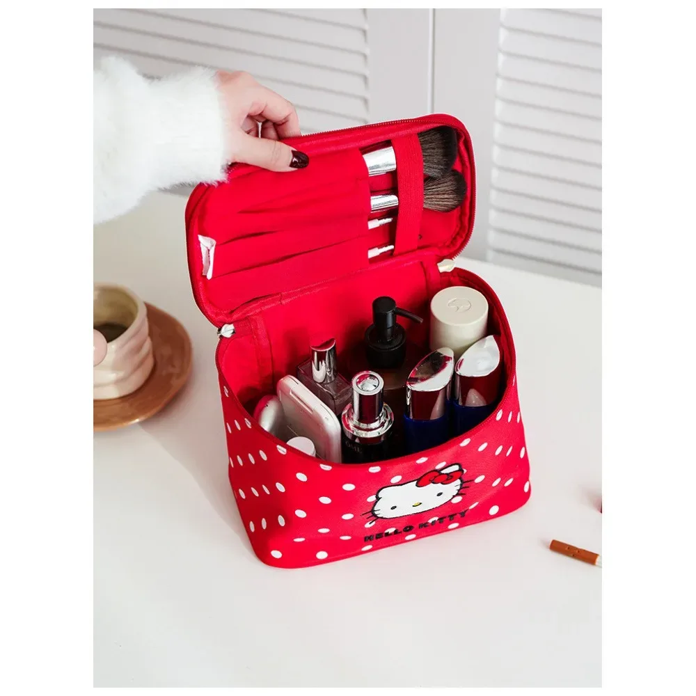 sac de voyage portable hello kitty mignon, trousse de maquillage à pois chat, boîte de rangement cosmétique à compartiments de grande capacité