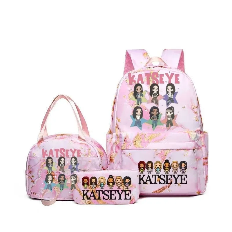 sacs à dos katseye à imprimé amusant avec sacs à lunch, multi-poches, camouflage, pour adolescents, sac à dos de voyage pour ordinateur portable, sac d'école pour femmes, mochila
