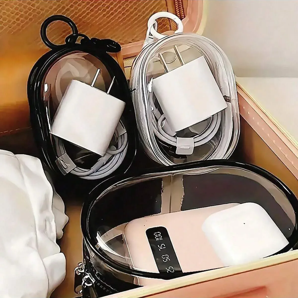 sac de rangement portable transparent noir et blanc avec fermeture éclair + un crochet, peut être transporté avec vous, accroché à votre sac, adapté pour écouteurs, étuis de chargement, porte-clés, bagues, sac d'accessoires de voyage transparent