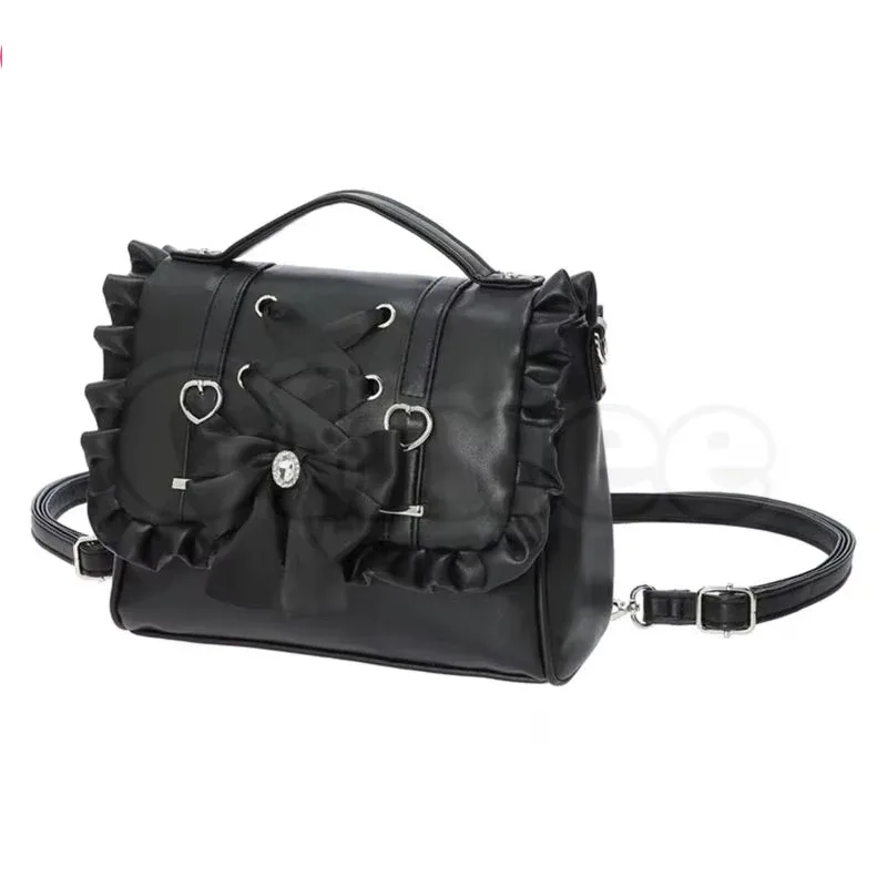 sac lolita en cuir pu, sac d'école rose noir, sac à bandoulière élégant avec nœud jk épaule y2k jirai kei bolsas mujer filles femmes