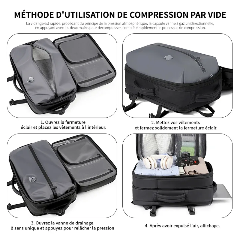 sac à dos pour homme pour les voyages d'affaires, grande capacité, extensible, sac à dos de voyage multifonctionnel à compression sous vide pour homme