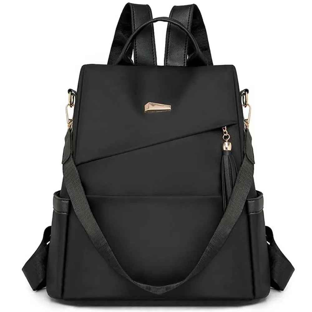 sac à dos en nylon de grande capacité pour femmes, multi-poches, doux au toucher, imperméable, couleur unie, avec pompon décoratif, sac à dos antivol