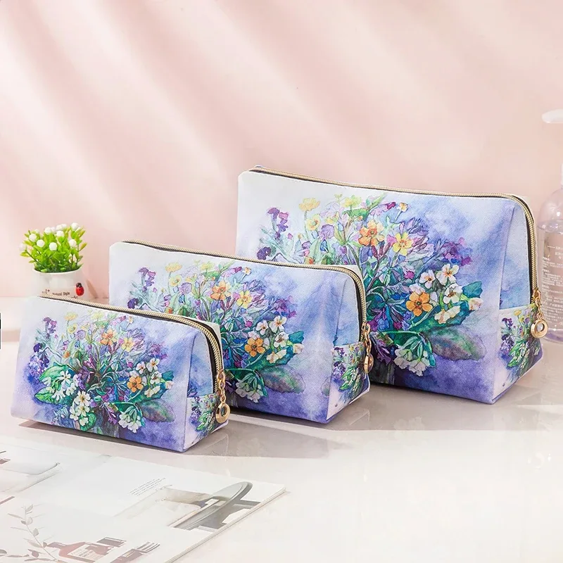 sac cosmétique imperméable en pu de style peinture à l'huile, sac de rangement portable de grande capacité, sac de maquillage multifonctionnel