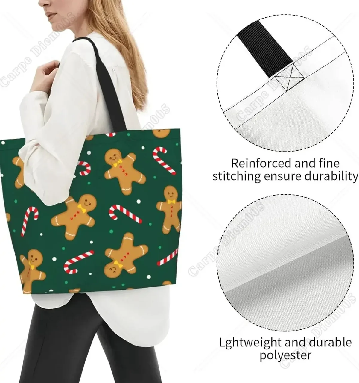 sac fourre-tout bonhomme en pain d'épice pour femme, sac à main de noël, sac à provisions, sac cadeau de plage, travail en plein air, canne en bonbon