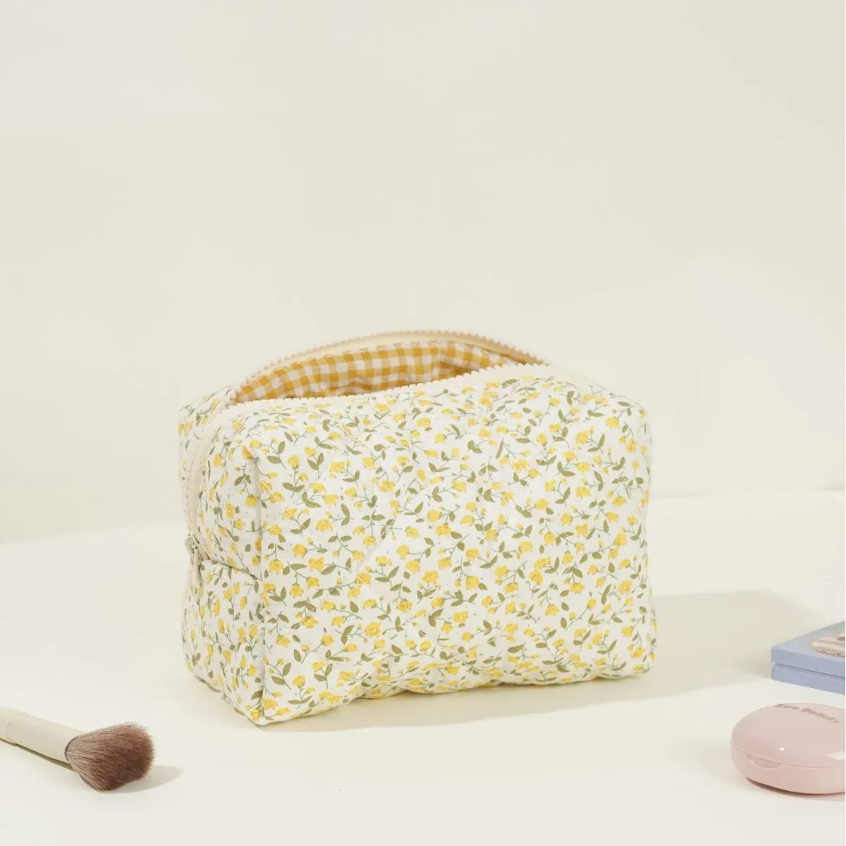pochette de maquillage florale matelassée douce, pochette de voyage en coton portable, trousse de toilette à fermeture éclair, organiseur de rangement pour femmes