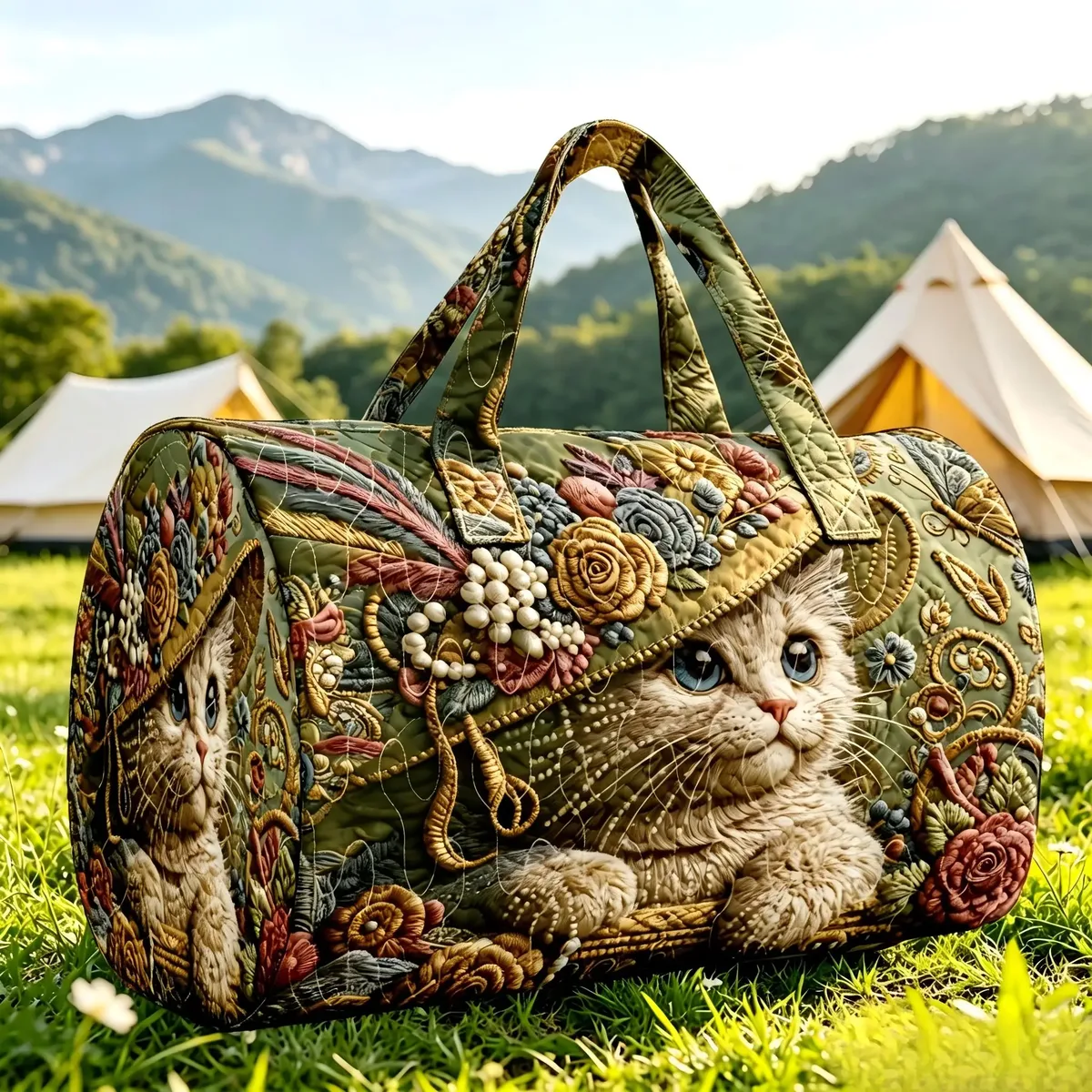 sac de voyage matelassé vintage imprimé chat, grande capacité, sac de week-end pour femme, sac à main vintage à motif floral et chat pour le camping et les voyages d'une nuit