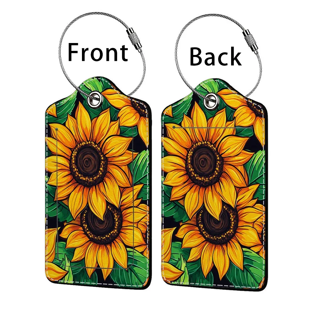 étiquette de bagage d'affaires en cuir estampillé tournesol, étiquette d'adresse de valise, étui d'embarquement de bagages, clip d'adresse d'identification de nom