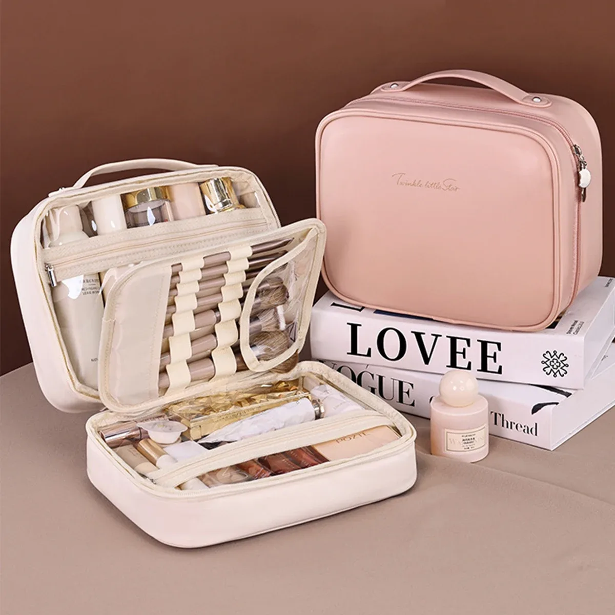 Sac de maquillage trois en un pour femmes, sac de rangement portable en cuir PU, sac de voyage pour pinceaux cosmétiques et articles de toilette