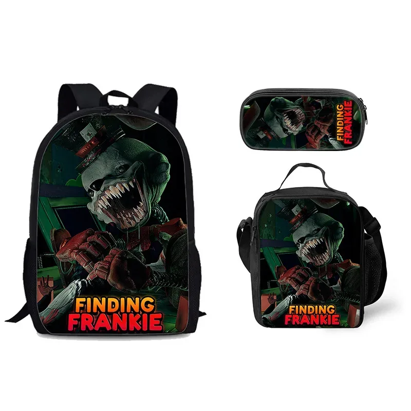 sac à dos tendance et populaire avec impression 3d frankie, ensemble de 3 pièces pour étudiants : sac à dos pour ordinateur portable, sac à déjeuner et trousse.