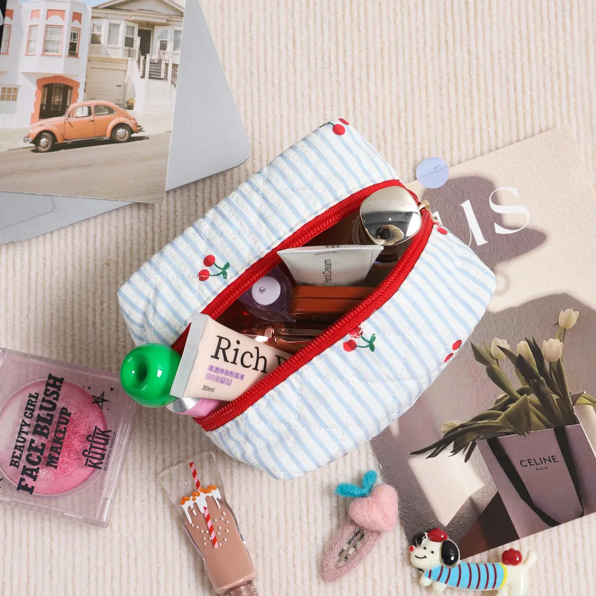 pochette de maquillage matelassée mignonne avec nœud cerise, étui à rouge à lèvres portable, organiseur de voyage pour câbles, écouteurs et chargeurs