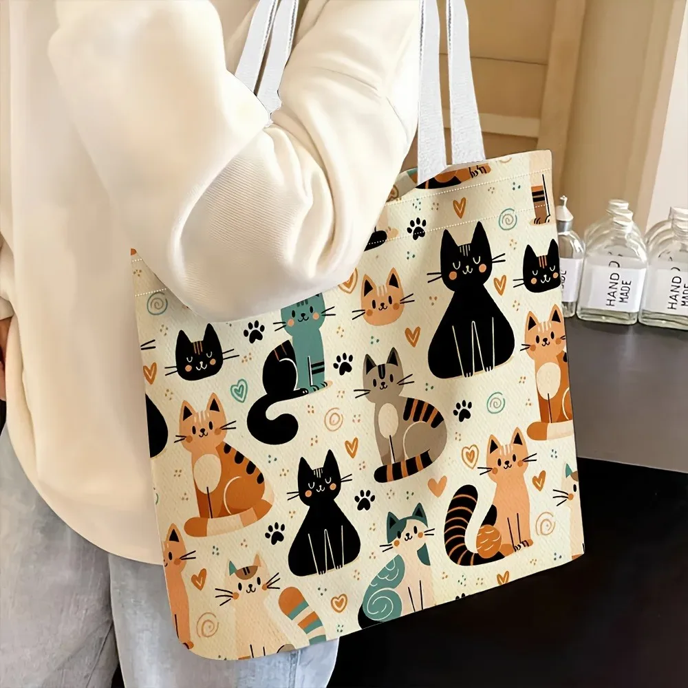 sac fourre-tout/sac à bandoulière portable, thème chat et fleurs pastel, pour voyage, shopping, sac à main léger, sac de rangement unisexe, 1 pièce