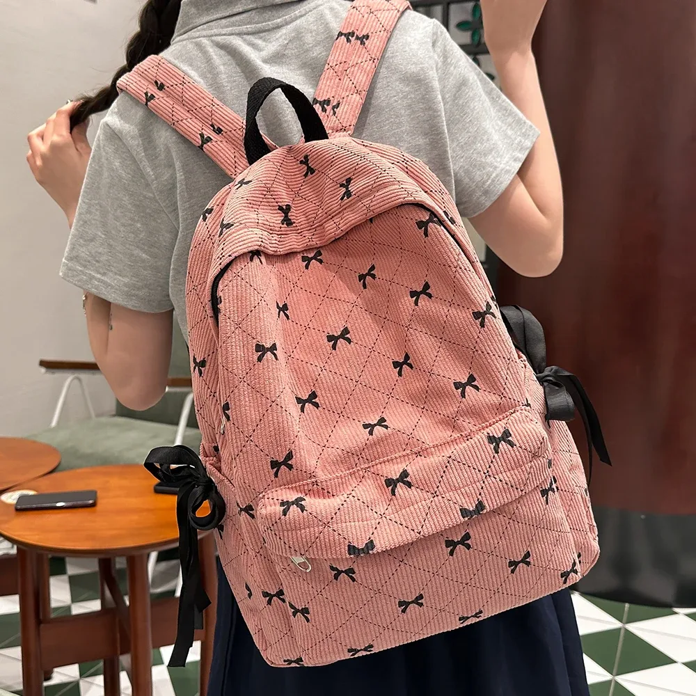 sac à dos à nœud en velours côtelé pour étudiantes, sac à dos polyvalent pour lycéennes et collégiennes