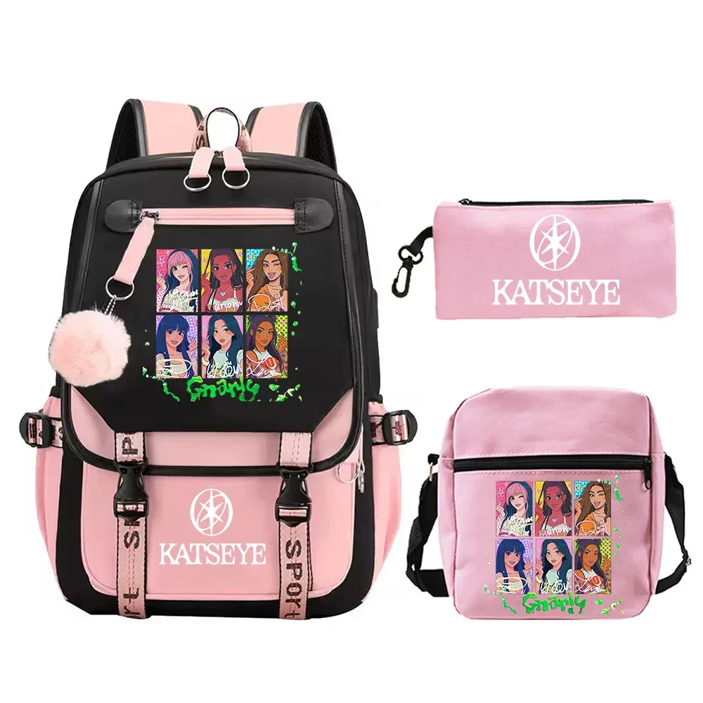 nouveau sac à dos imprimé katseye, 3 pièces/ensemble, sacs d'école pour filles, sac à dos de voyage pour adolescentes, sac à dos de haute qualité, sac à bandoulière, trousse à crayons