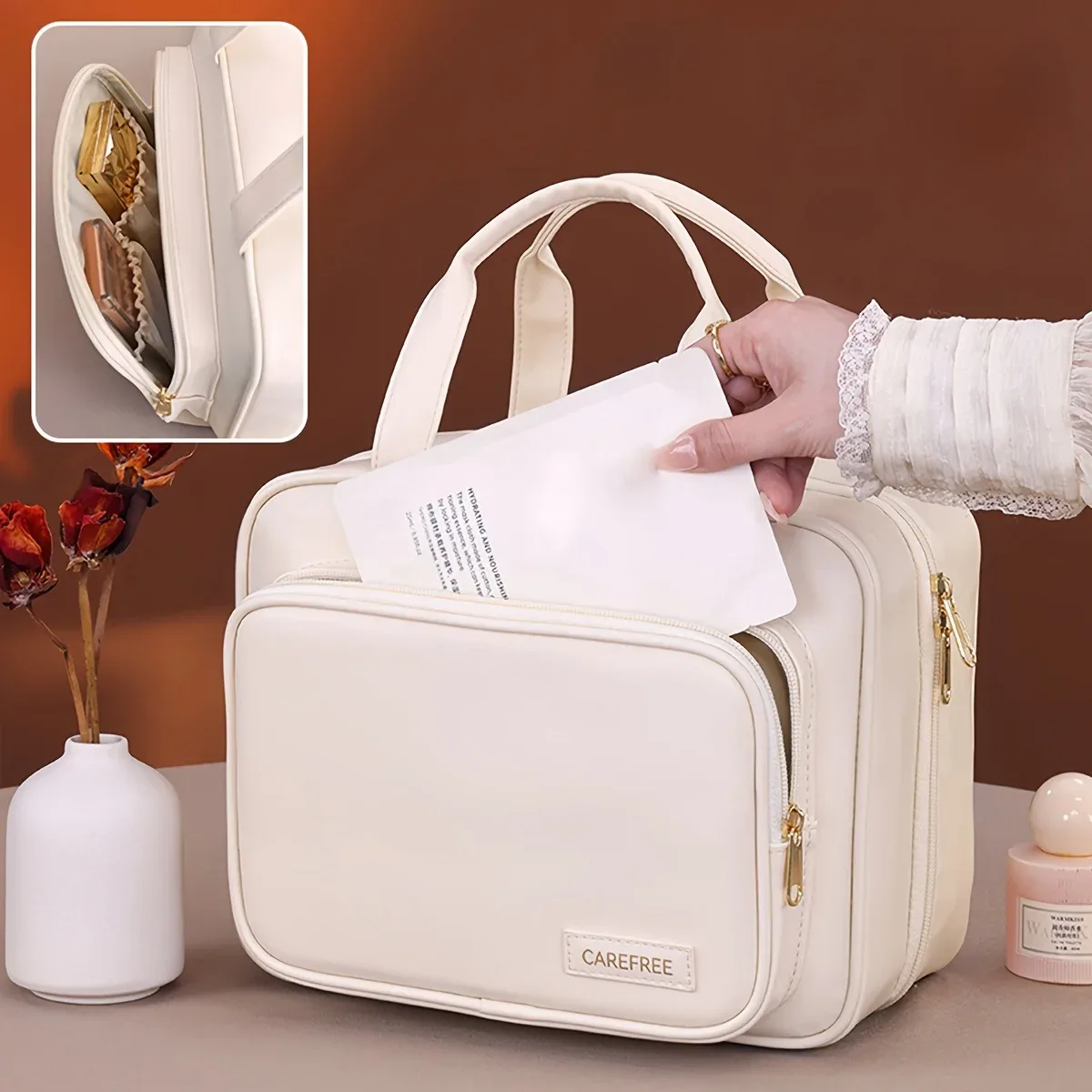 nouveau sac à cosmétiques suspendu en cuir pu pour femmes, rangement portable, organisateur de maquillage, sacs de rangement de toilette de voyage de grande capacité