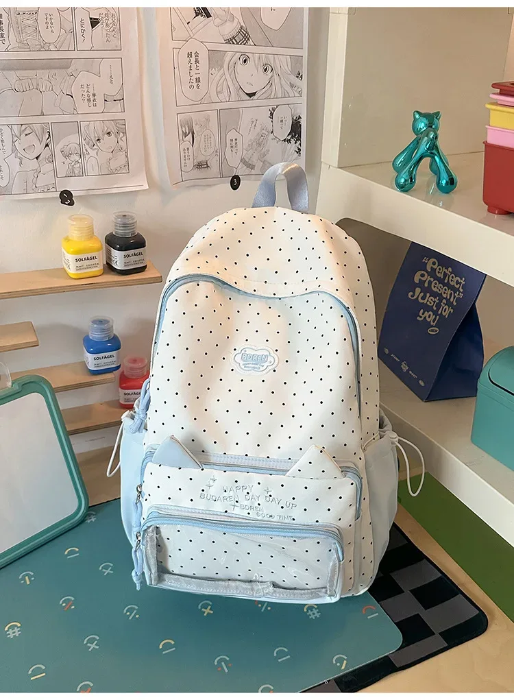 sac à dos mignon à pois avec oreilles de chat, style preppy, en nylon léger, pour filles du collège et du lycée, sac ita décontracté