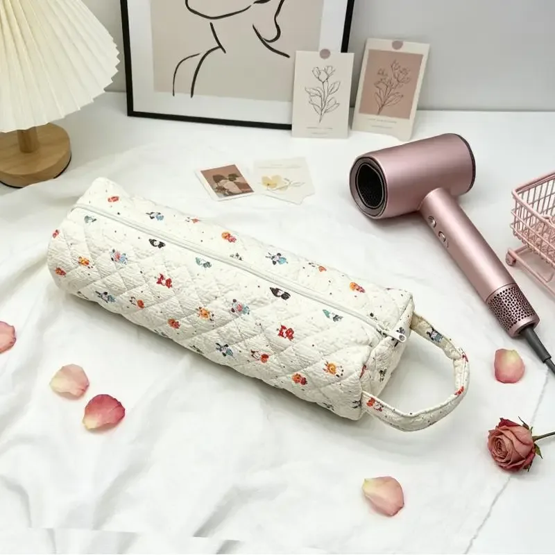 sac de rangement matelassé pour sèche-cheveux avec imprimé floral mignon, poignée portable, grande capacité, étui de transport pour voyage, organisateur de salle de bain