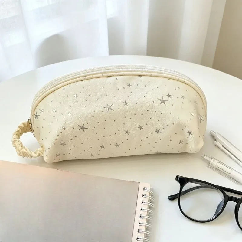 trousse de maquillage coréenne pour fille, motif étoile à pois, mignonne, grande capacité, pochette cosmétique, trousse à crayons pour étudiant, sac de rangement portable pour papeterie