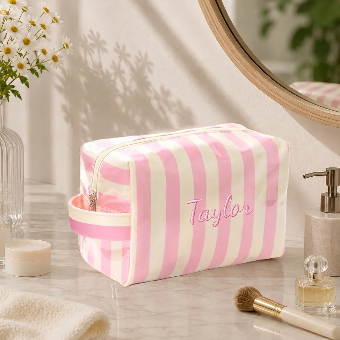 pochette cosmétique rayée personnalisée, imperméable, multifonctionnelle, portable, idéale pour les voyages, parfaite pour les mariages et les cadeaux de plage d'été
