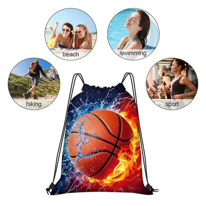 sac à dos de sport léger en polyester avec cordon de serrage, imprimés basketball et football, idéal pour la gym, les activités de plein air, les fêtes ou comme sac cadeau