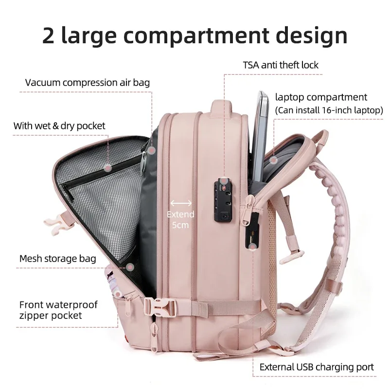 sac à dos de voyage pour femmes, sac à dos pour ordinateur portable de 16 pouces, compression sous vide, chargeur usb, sac à dos d'école, sac à dos de randonnée étendu, sac à dos d'affaires