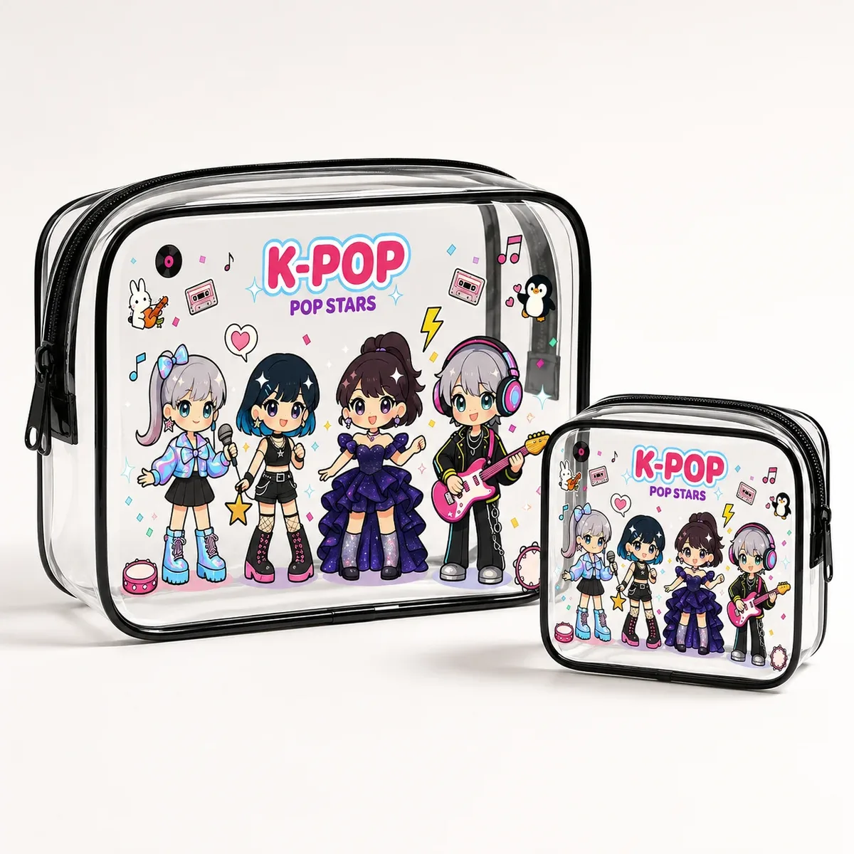 Sac à cosmétiques transparent, sac de rangement transparent mignon de style Kpop, pour articles de toilette de voyage, organisateur de maquillage, pochette étanche à fermeture éclair