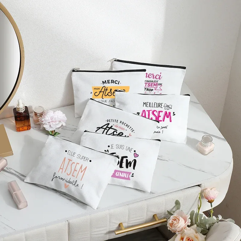 Trousse de toilette au design d'appréciation ATSEM pour l'école française – Pochette zippée en polyester durable avec trousse de maquillage inspirée de l'école française