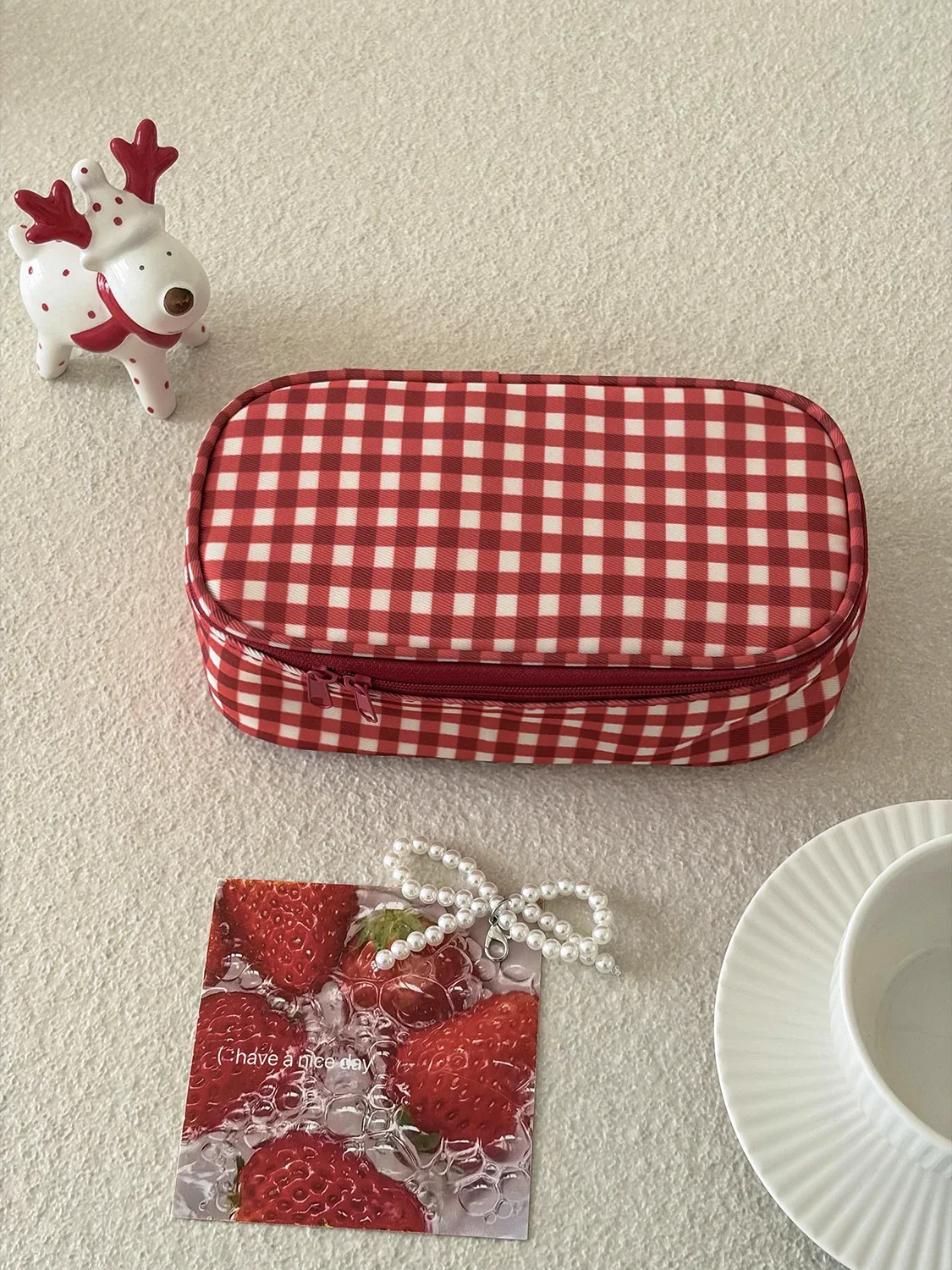 airfriend – trousse de maquillage à grille rouge pour femmes, fourre-tout rond, pochette de rangement pour cosmétiques, sac à main de voyage, grande capacité, sac à fermeture éclair pour rouges à lèvres
