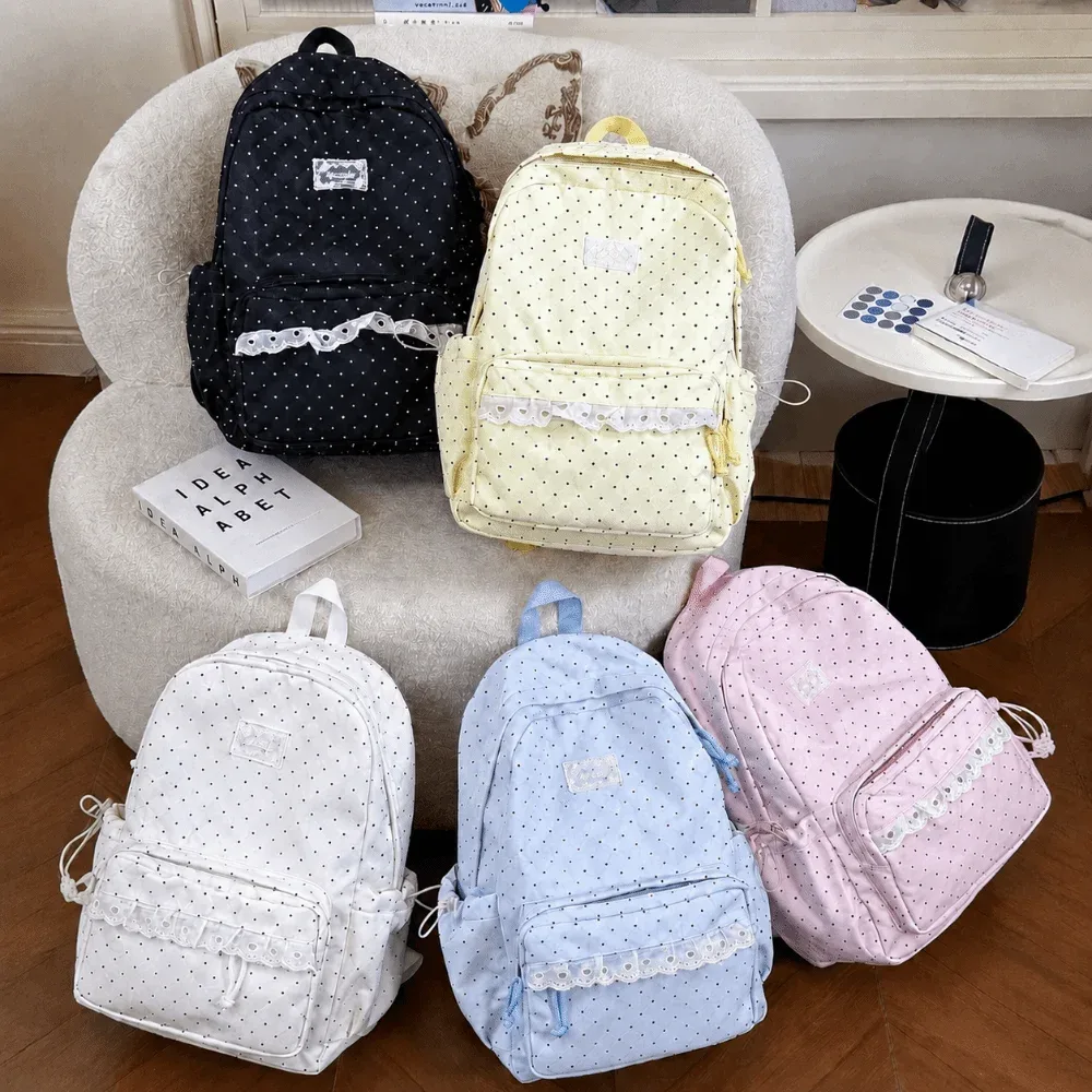Sac à dos de voyage à pois tendance avec dentelle en nylon, cartable d'étudiant multi-poches grande capacité pour ordinateur portable