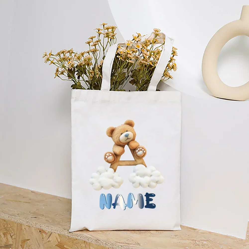sacs fourre-tout en toile college nuage ours et alphabet personnalisés, sacs à main personnalisés de grande capacité, cadeaux de portabilité pour la rentrée scolaire