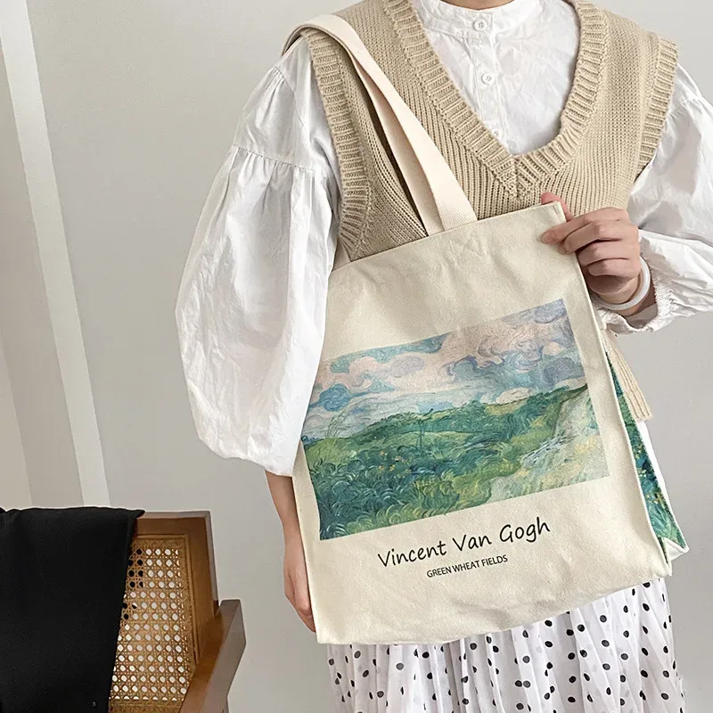 sac à bandoulière en toile extra épaisse pour femmes, van gogh morris, vintage, peinture à l'huile, fermeture éclair, livres, grand fourre-tout pour le shopping