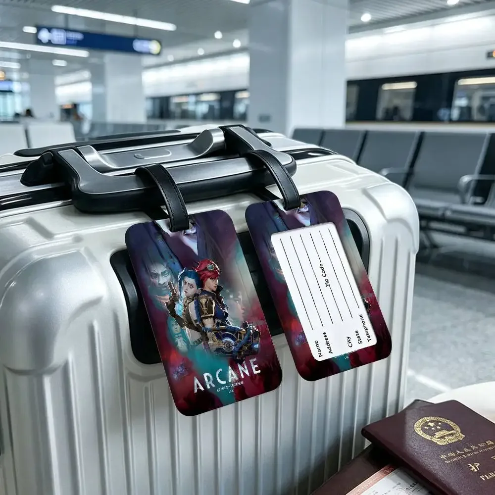 étiquette de bagage en pvc anime a-arcane avec carte d'information, étiquette anti-perte pour valise, sac à dos, accessoire de voyage