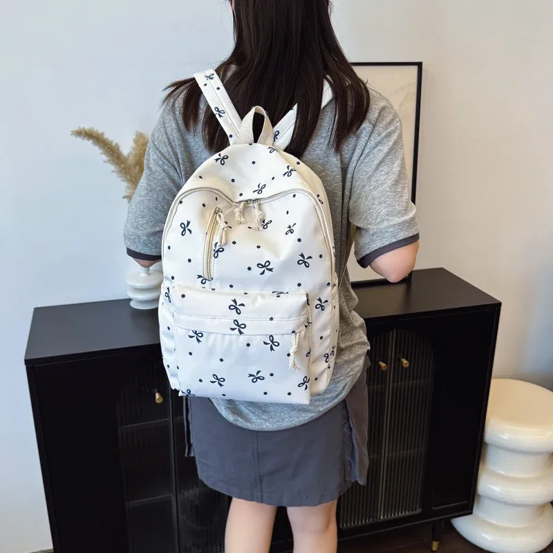 sac à dos matelassé à imprimé nœud ludique pour la rentrée scolaire, à usage quotidien, avec plusieurs poches, bretelles réglables, grande capacité