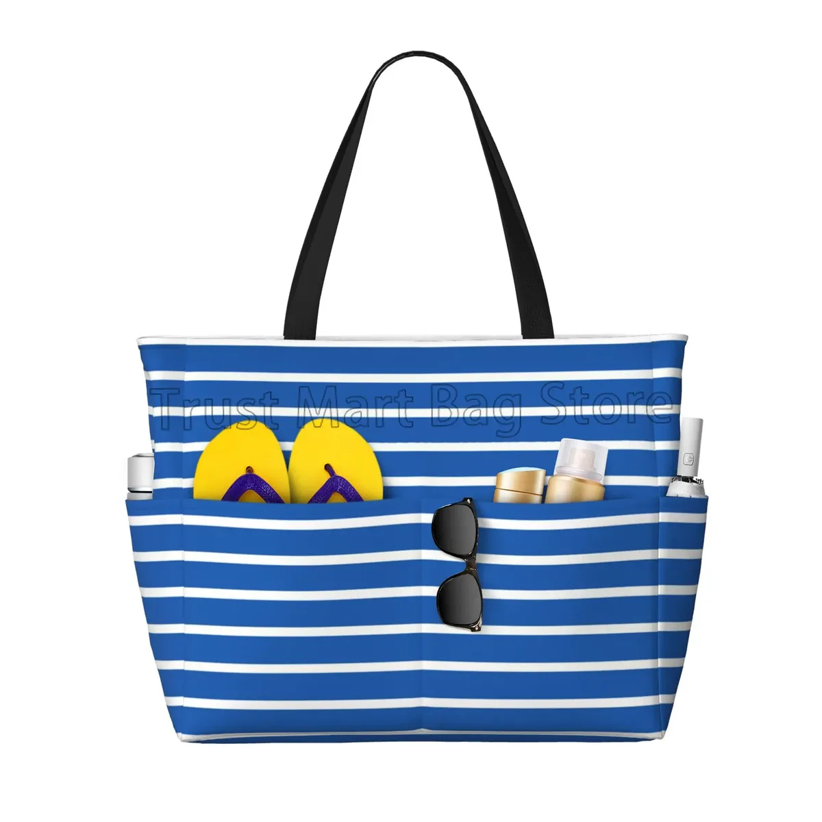 grand sac de plage bleu rayé pour femme, étanche, sac fourre-tout anti-sable, sac de piscine avec fermeture éclair et poches, voyage, vacances, salle de sport