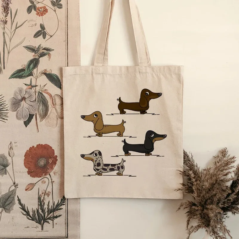 sac fourre-tout imprimé teckel fantaisiste pour femmes, sac à bandoulière, design animal de dessin animé ludique pour les amoureux des chiens, achats décontractés et quotidiens