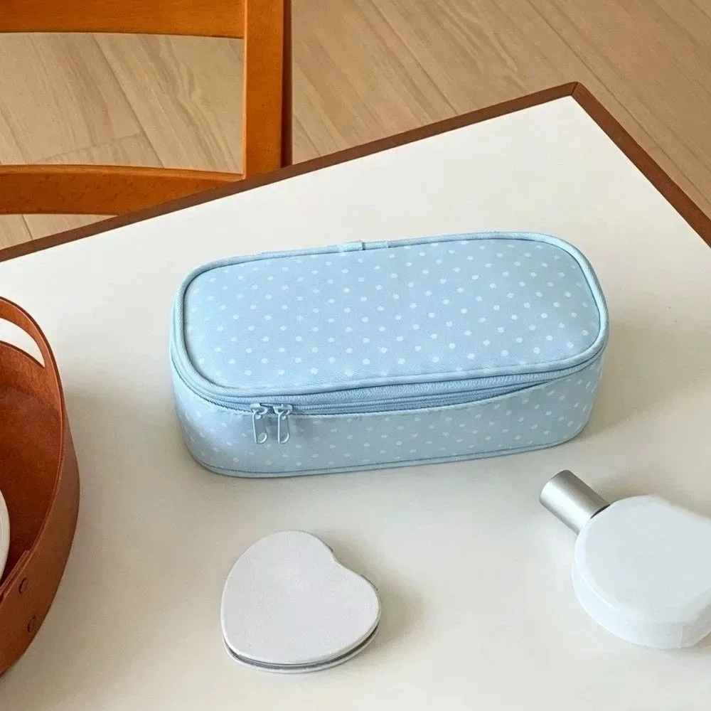 pochette de maquillage en polyester à pois, sac de rangement de voyage à carreaux multi-tailles, trousse de toilette bleu clair avec fermeture éclair, pochette cosmétique pour usage quotidien