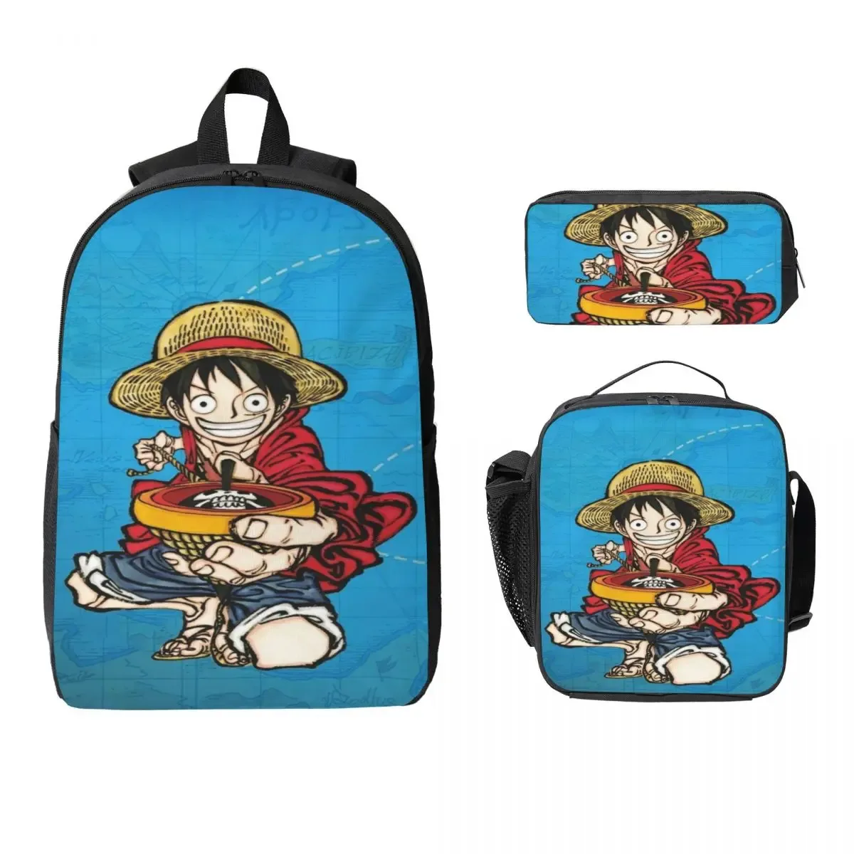 ensemble de 3 sacs à dos luffy one piece pour enfants, avec trousse à crayons, sac à livres et boîte à lunch pour les élèves.