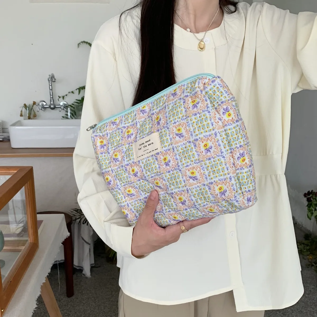 sac de rangement de voyage en coton matelassé pour femmes, sacs à cosmétiques rétro cerise, design mignon, trousse à crayons pour filles, trousse de maquillage, sacs à main