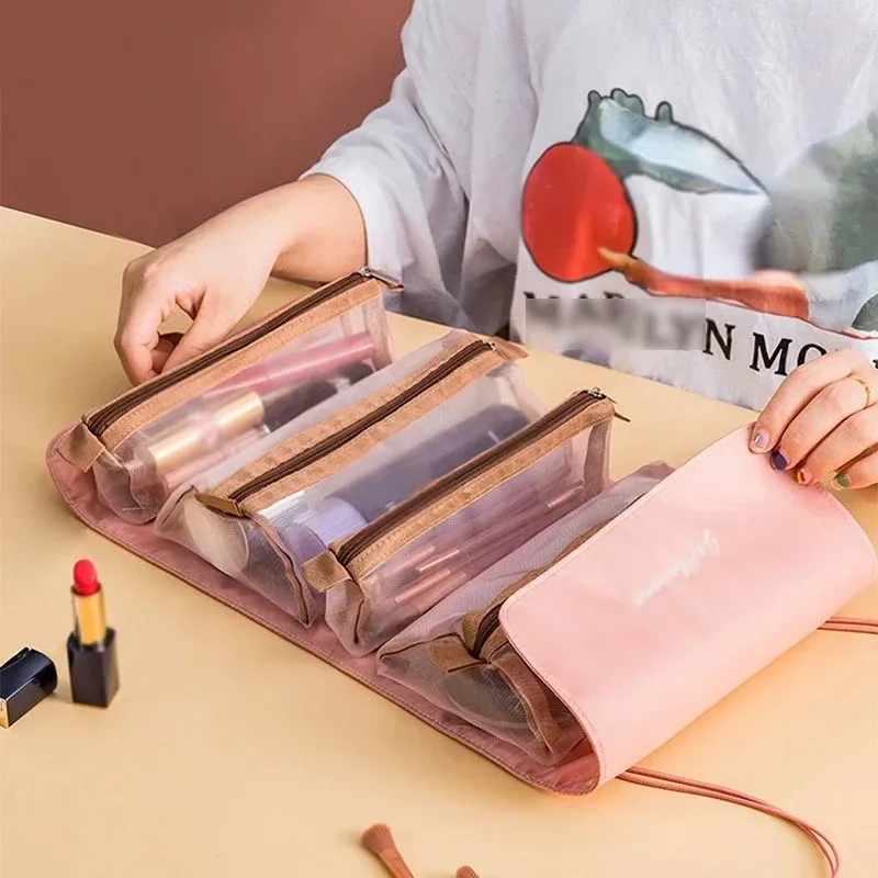 trousse à cosmétiques détachable portable grande capacité 4 en 1, trousse de maquillage pliable, trousse de toilette de rangement de cosmétiques de voyage