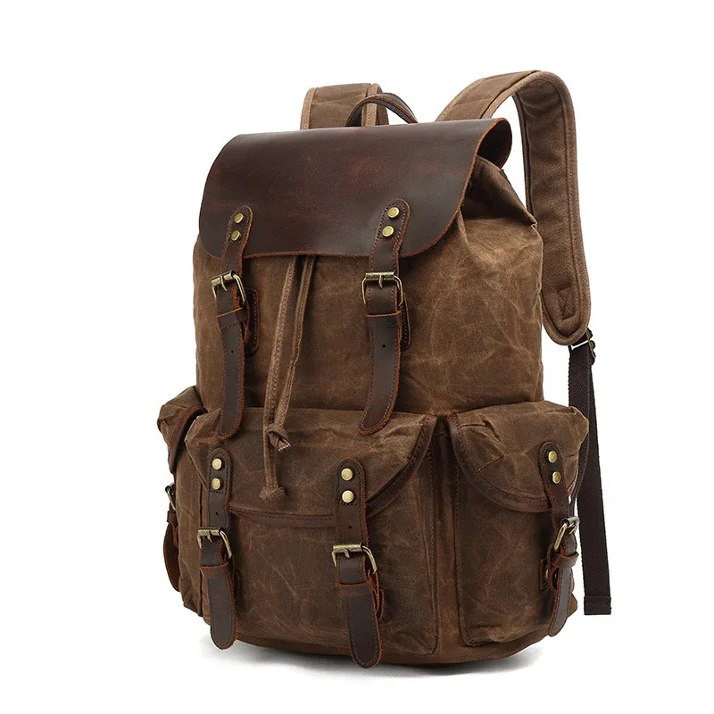 sac à dos en toile de cire d'huile pour femmes, sac de voyage vintage étanche de grande capacité, mochila en cuir pour ordinateur portable avec cordon