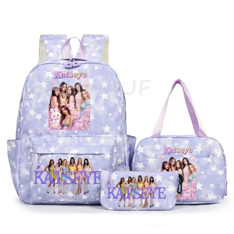 sac à dos katseye à thème musical, 3 pièces, imprimé étoiles roses, cartable amusant pour adolescents, étudiants, femmes, sac à dos pour ordinateur portable, sac de voyage mochila