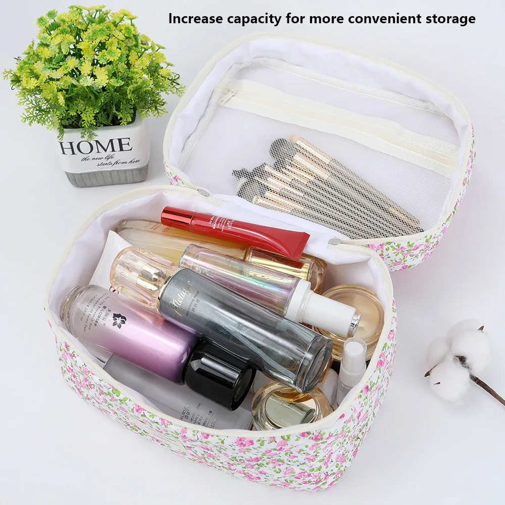 trousse de maquillage avec rembourrage en coton, motif floral, grande capacité, sensation haut de gamme, joli sac de rangement pour cosmétiques de style ins